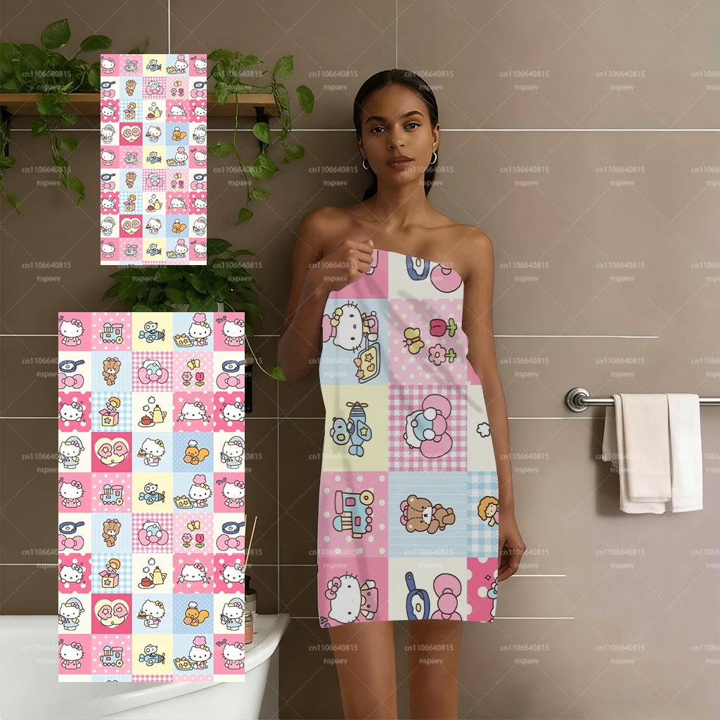 Милое пляжное полотенце Hello Kitty, Мягкое микроволокно, Розовый мультяшный пэчворк, Впитывающее банное полотенце для детей и поклонников