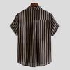 Men Shirt Stand Collar Short Sleeve Contrast Color Striped Single-breasted Loose Soft Mid Length