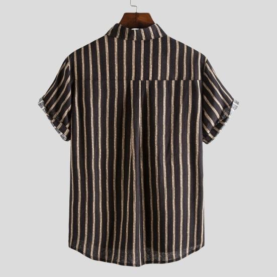 Men Shirt Stand Collar Short Sleeve Contrast Color Striped Single-breasted Loose Soft Mid Length