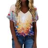 Fashion Spring  Flower Print Blouses Short Sleeved V-Neck T Shirts Casual