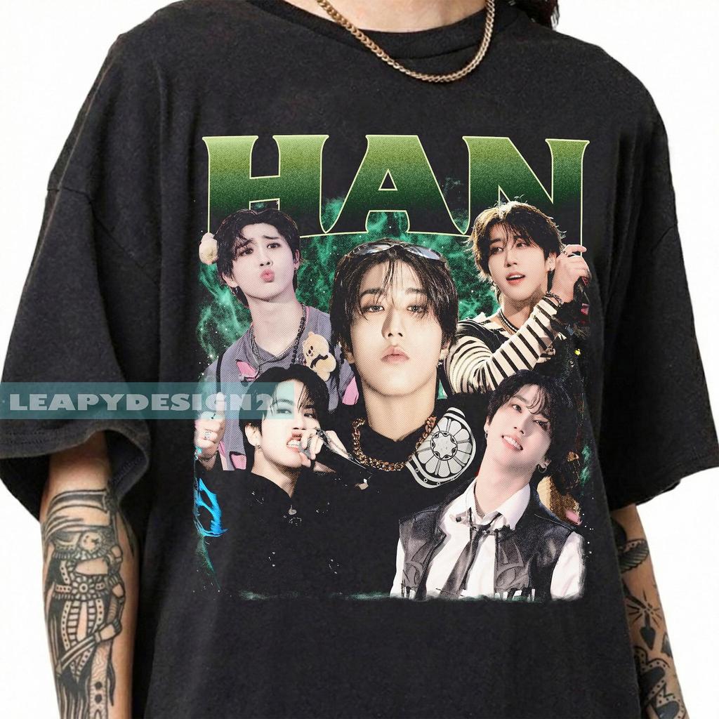 Han Stray Винтажная подделка 90-х Графическая футболка, Подарок Stray, Kpop SKZ Футболка с Джисоном