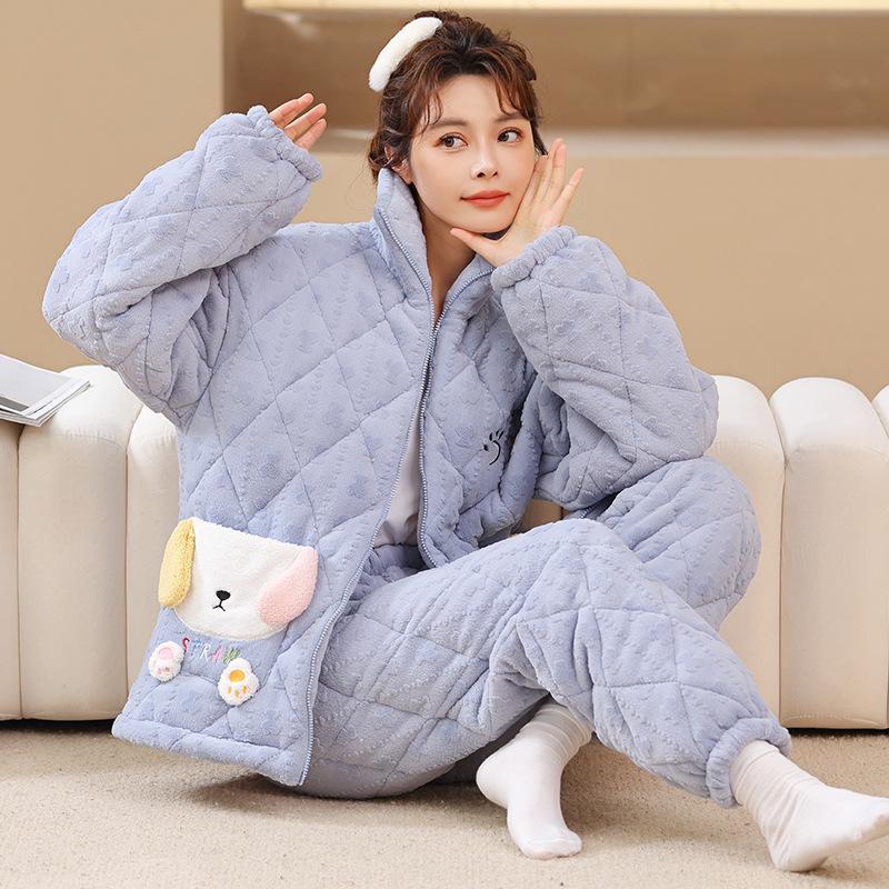 Коралловая бархатная трехслойная стеганая куртка и пижама для женщин Зимний фланелевой домашний костюм с очень толстой теплой молнией и бархатом
