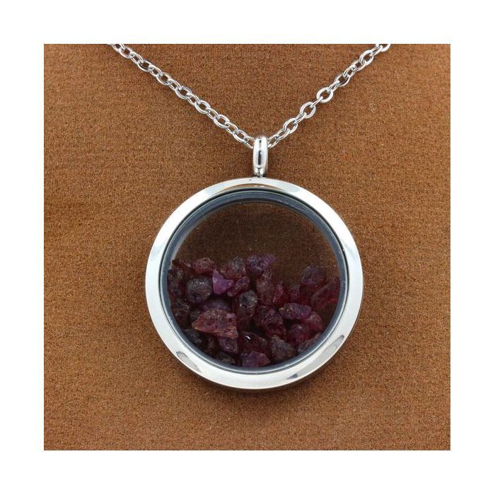Pierres et Minéraux. Collier Rubis brut. Modèle Médaillon 25 mm. Couleur Argent.