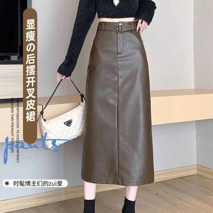 Кожаная длинная юбка женская новая корейская версия тонкой высокой талии иностранной юбки А-образного силуэта полудлинная юбка длинная юбка с одним шагом осень и зима