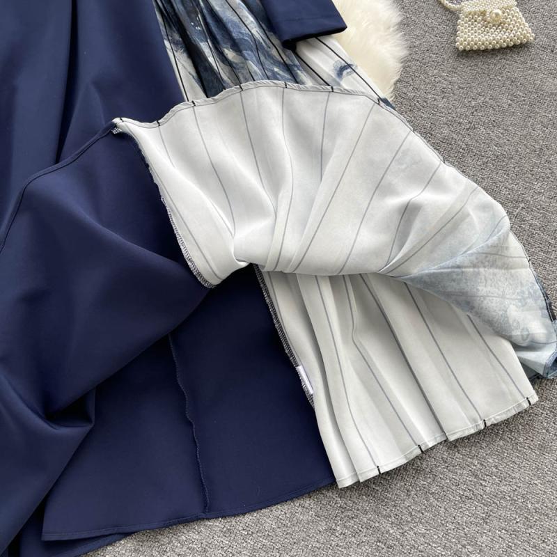 Новое осеннее легкое роскошное роскошное плиссированное платье длиной до колена в стиле Хепберн с v-образным вырезом и принтом