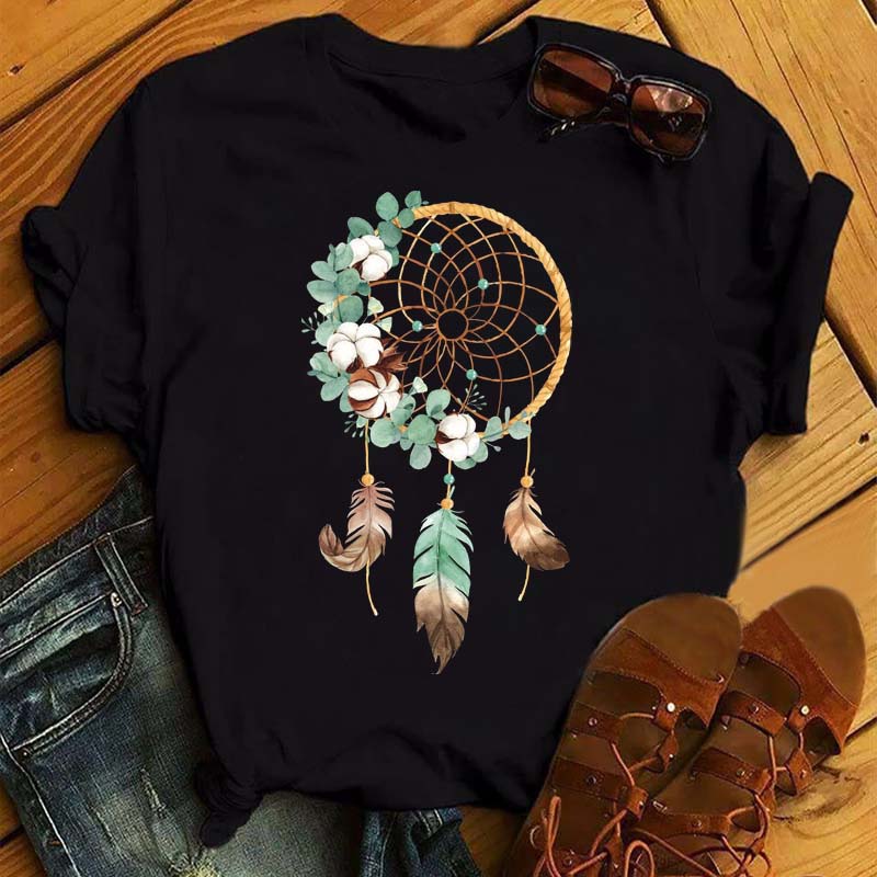 Fashion Feather Dreamcatcher T Shirt Women Harajuku Graphic Tees Shirt Femme Dream Catcher Women's T-shirt Clothes Tops