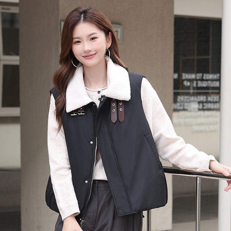 Korean lamb wool lapel cotton vest women's short casual cotton vest autumn and winter new vest cotton jacket vest