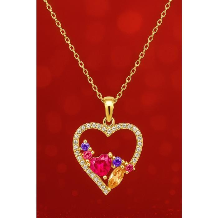 Collier pendent Cœur Multicolore Femme Plaqué OR 18 Carats & Zirconium – Bijou Amour Couleurs Vives – Chaîne 42cm