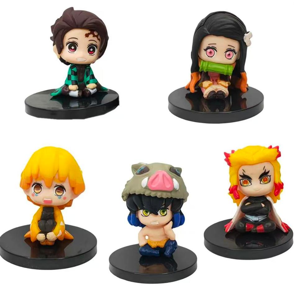 Demon Slayer Q Version Anime Figurines Kimetsu No Yaiba Tanjiro Inosuke Zenitsu Pvd Model Doll Collectible Sitting Toys