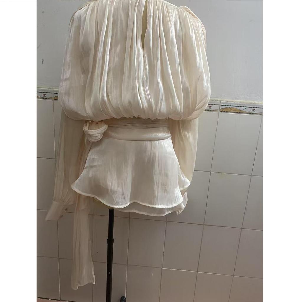 French Style Bubble Sleeve Ruffle Edge Short Skirt Two-piece Set with Pleated Design, Short Dress