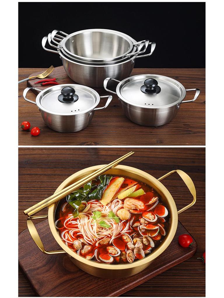 Золотистая корейская кастрюля для рамэна из нержавеющей стали с крышкой — двойные ушки, утолщенная, идеально подходит для лапши, супа или небольших горячих блюд.