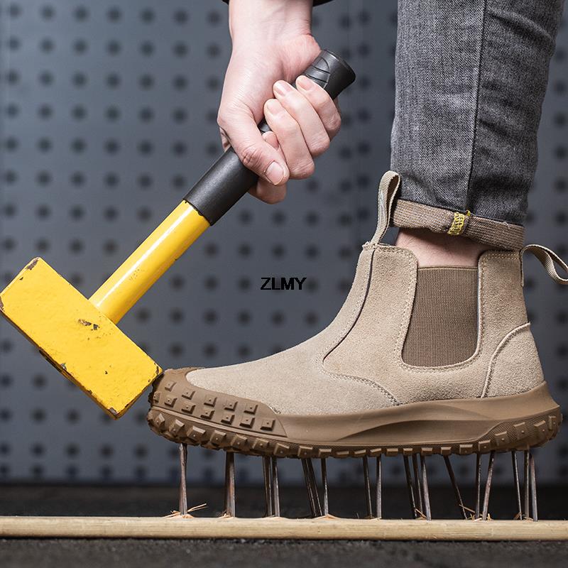 Защитная обувь без шнуровки, мужская обувь для сварщиков со стальным носком, устойчивые к ударам, искробезопасные рабочие защитные ботинки, мужские строительные противоударные ботинки челси