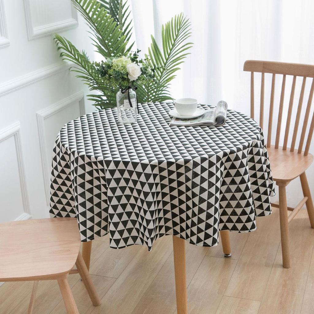 Bohemian Blue Geometric Print Tablecloth with Mediterranean Style Napkins - Cotton Linen for Coffee Table