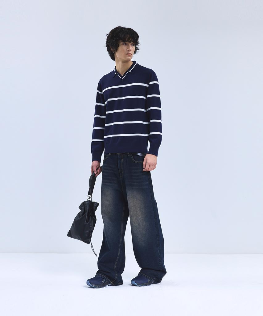 IRONYPORNO WHITELINE 86-Iroj365 Open-Neck Striped Long-Sleeve Knit Blue