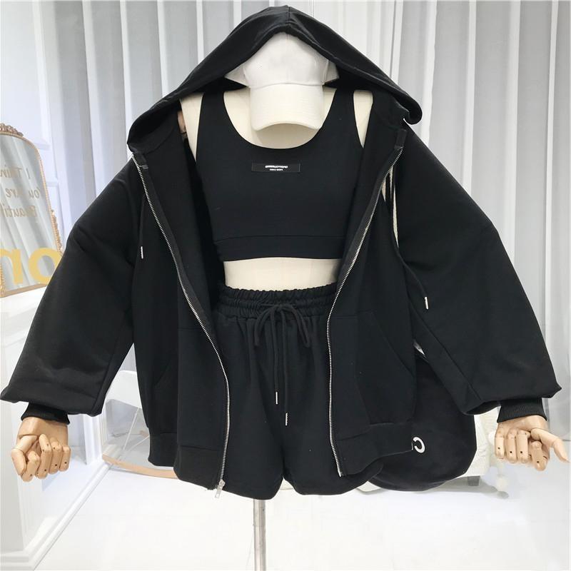Women Spring and Autumn Clothing Fashion Casual Sports Wind Fitness Running Hoodie Shorts Three-piece Set