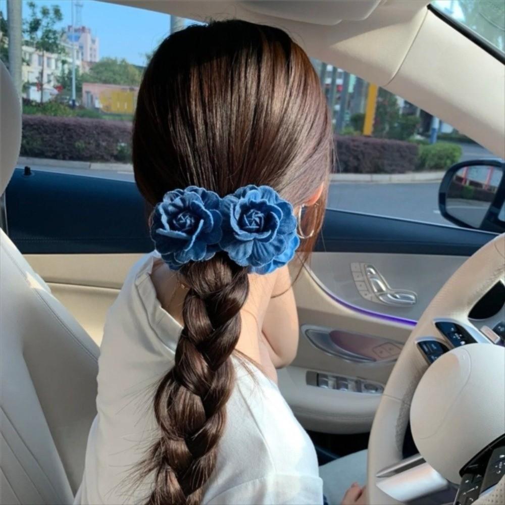 Denim Blue Women Vertical Clip Camellia Floral Twisted Hair Clip Flower Banana Clips Daily