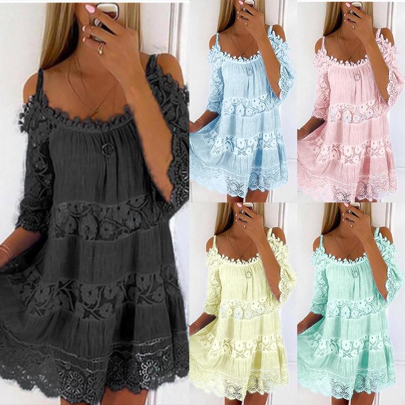 Women Fashion Lace Plus Size Loose Dress Summer Sleeveless Sling Party Beach Sexy Dress for Ladies