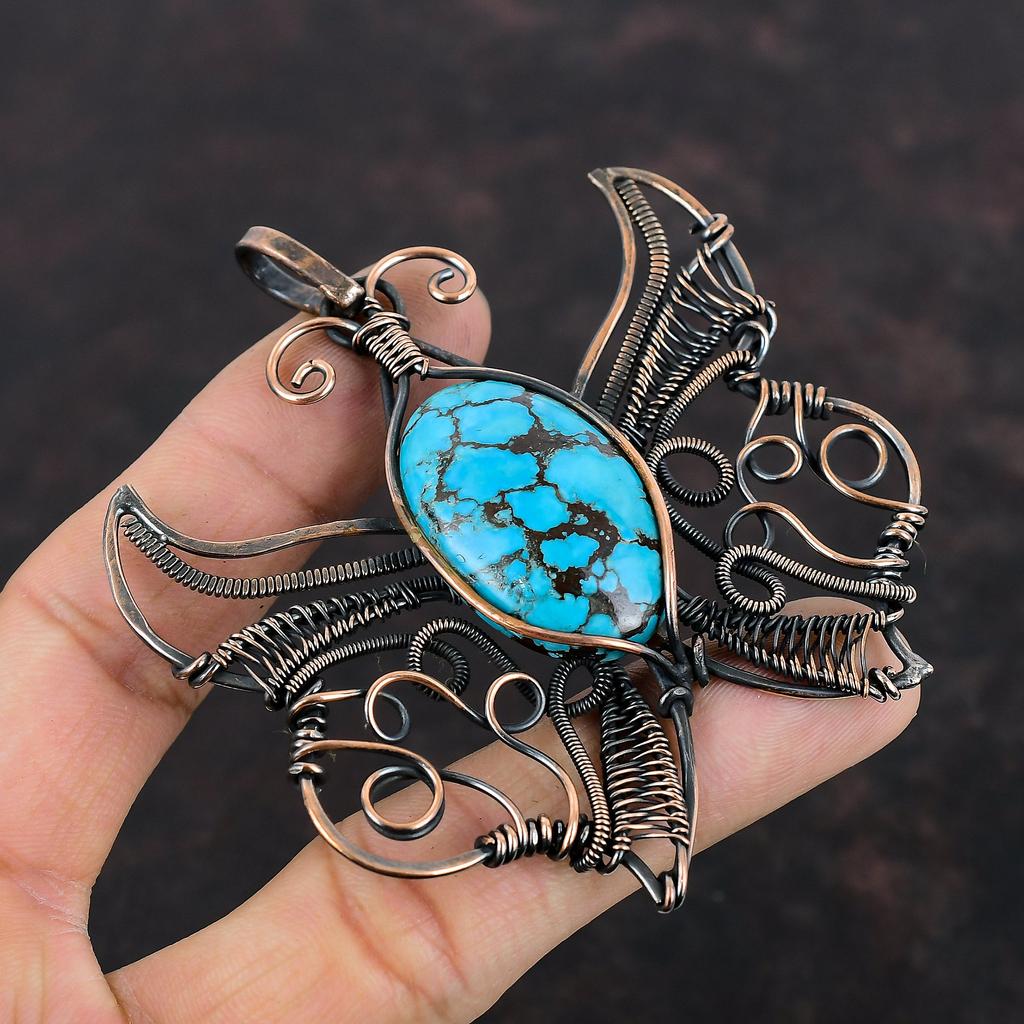 Подвеска из тибетской бирюзы, обернутая медной проволокой, подвеска ручной работы из меди, подвеска в виде бабочки, подвеска из настоящего драгоценного камня, украшения в технике wire wrapping