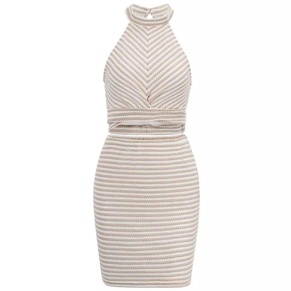 Весна-лето Женский обтягивающий полосатый топ без рукавов с открытой талией, высокой талией, бретелями и короткой юбкой