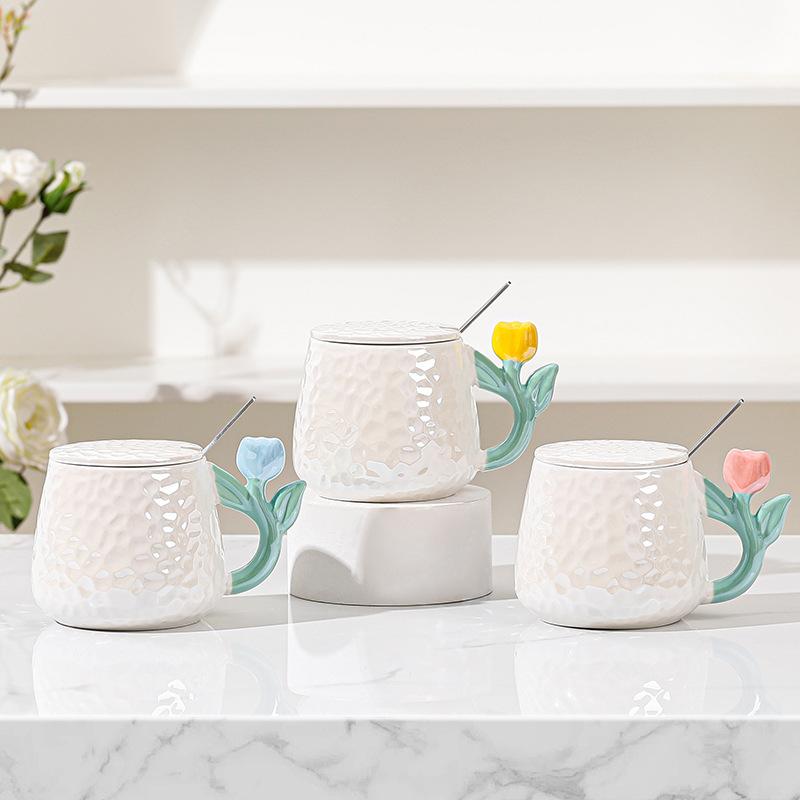 Electroplating Small Flower Handle Mug with Lid Large Capacity Ceramic Cup Household Set Opening Gift Water Cup Student