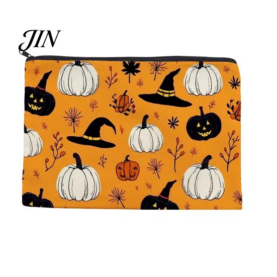 Festive Canvas Makeup Organizer Storage Bag, with Halloween Pumpkin Ghost Print, Smooth Portable Miscellaneous Item Bag Zipper for Travel Cosmetic