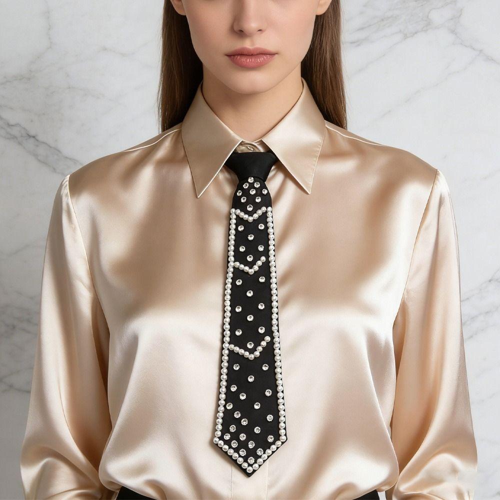 Imitation Pearl Women's Pre-tied Necktie Vintage Lazy Necktie Fashion Neckwear  Uniform Shirt
