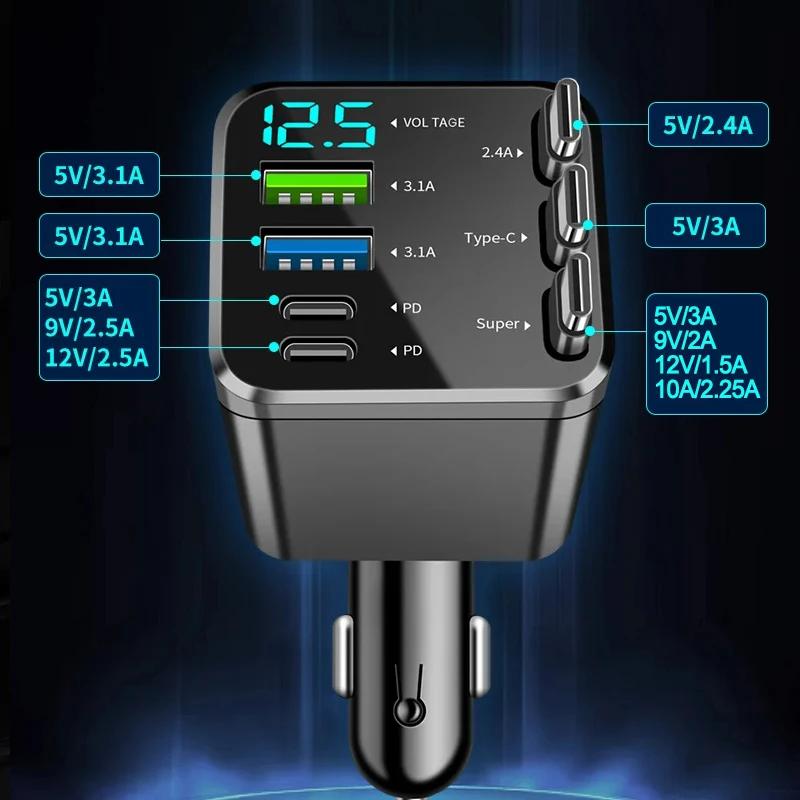 Быстрая зарядка для телефона 7 в 1 148 Вт PD Type C Двойное USB Зарядное устройство для телефона Цифровой вольтметр с 3 выдвижными кабелями Для IPhone Huawei