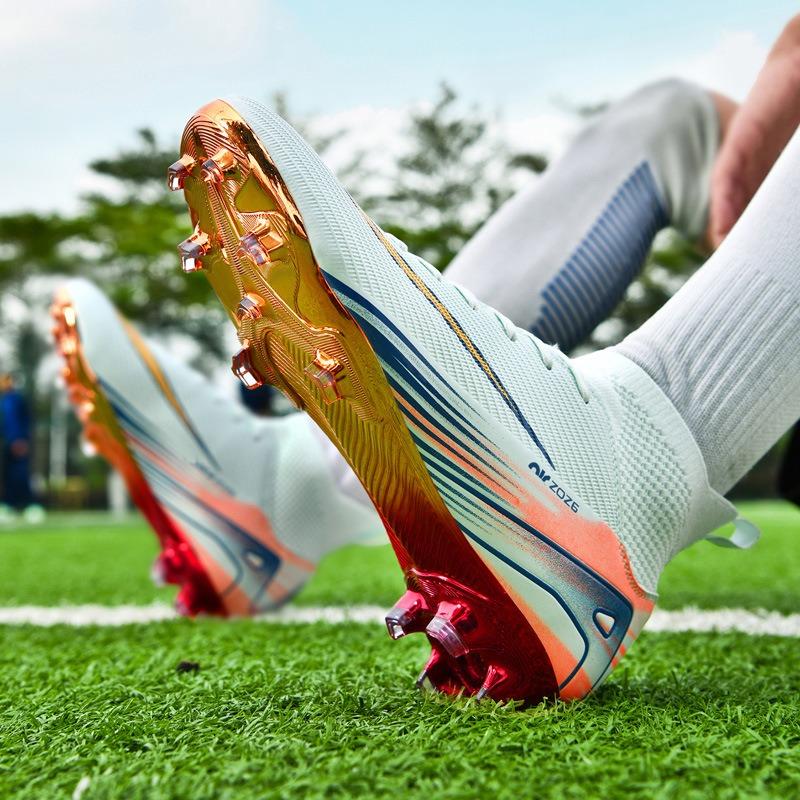 Высокие футбольные бутсы с гальванизированной золотой подошвой, мужские и женские, детские, кожаные с шипами, юношеские и молодежные соревновательные спортивные бутсы