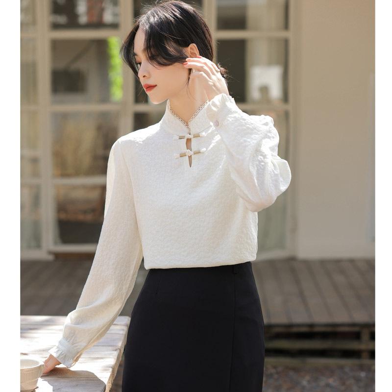 Осенняя женская блузка с длинными рукавами и стоячим воротником, модная блузка с рукавами-фонариками в китайском стиле, универсальная жаккардовая блузка