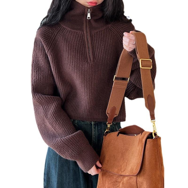 Женский пуловер с воротником на молнии, мягкий вязаный свитер с длинным рукавом, короткий джемпер, наряд в корейском стиле для осени и зимы для девочки-подростка