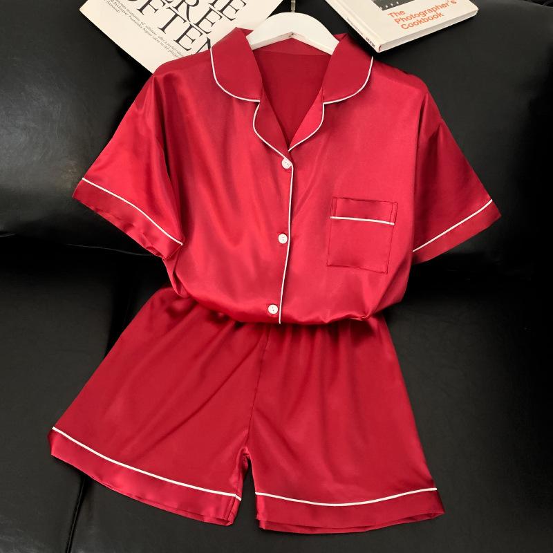 Cool Imitation Silk Pajamas Women'S Summer Short-Sleeved Shorts Gorgeous Loungewear Set
