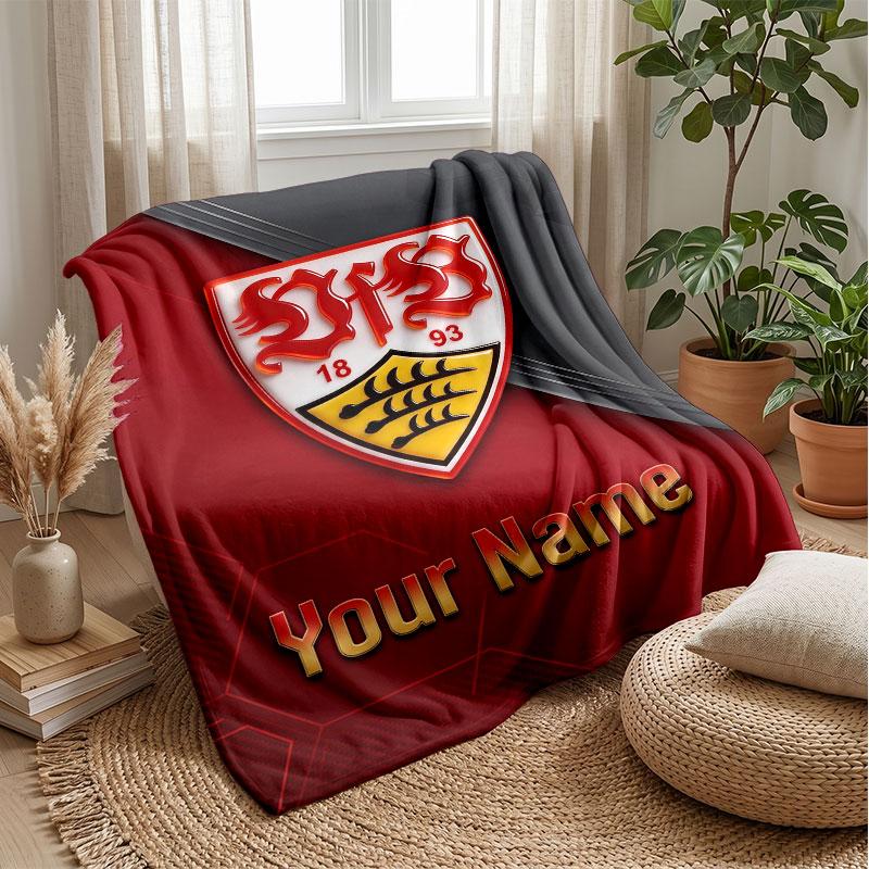 VfB Stuttgart FC Custom Name Text Flannel Blanket Soccer Logo Personalized Fleece Throw Blanket Special Gift For Sofa Bedroom Home