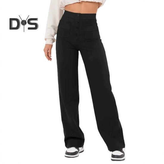 Women Pants Solid Color Elastic Waist Straight Leg Casual Trousers with Multi-Pocket Design Leisure Long Pants