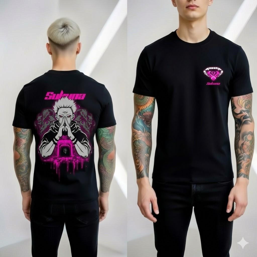 Sukuna Anime T-Shirt Front Back Graphic Black Streetwear Pink Glow Unisex Tee