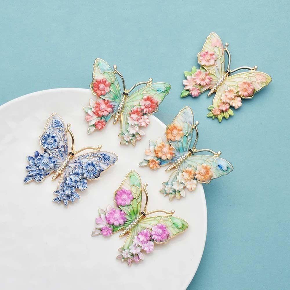 Enamel Big Flower Butterfly Brooches Rhinestone Enamel Lapel Pin Cloisonne Butterfly Badge Lady