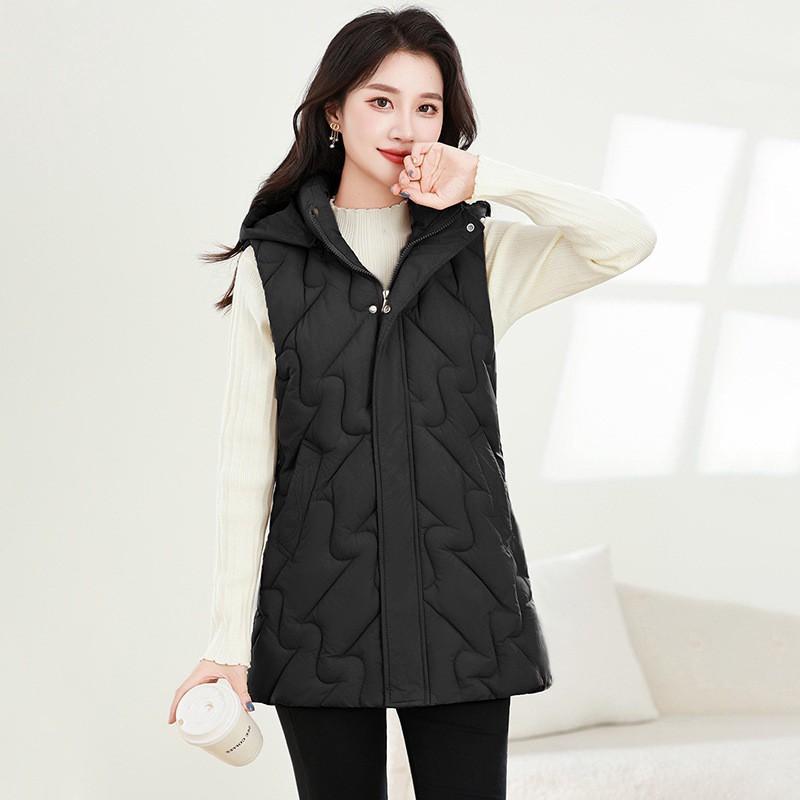 Womens Hooded Puffer Vest Mid-Length Warm Down Cotton Filled Sleeveless Coat Casual Korean Style