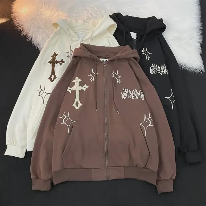 Cross Flame Embroidered Retro Hip Hop Unisex Cardigan Jacket