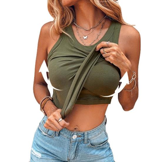 Women Ribbed Tank Top Knitted Camisole with Built-in Bra Casual Crew Neck Sleeveless Basic