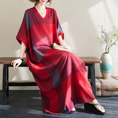 2024 Летнее длинное платье больших размеров, пляжное женское платье с v-образным вырезом и цветочным принтом, праздничное повседневное мягкое красное льняное свободное платье макси