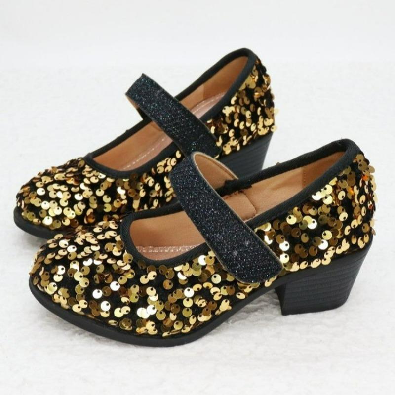 Girls High Heels Children Leather Shoes for Party Wedding Fashion Kids Sequins Princess Shoes Mary Janes 2024 Spring Autumn New