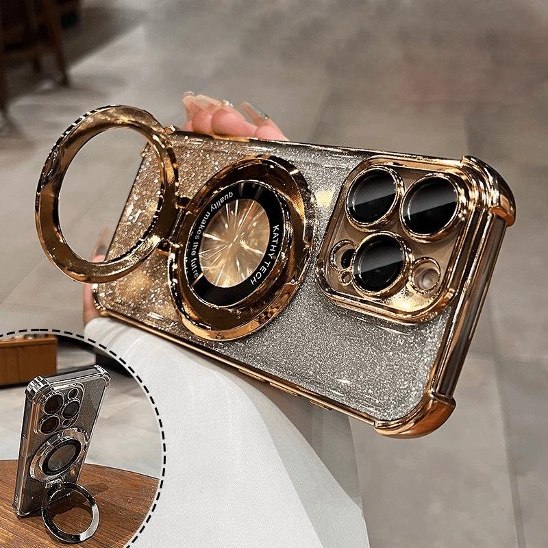 Luxury Plating Magnetic Holder Glitter Case for iPhone 17 Air 16 15 14 13 12 11 Pro Max Plus Wireless Charging Clear Cover