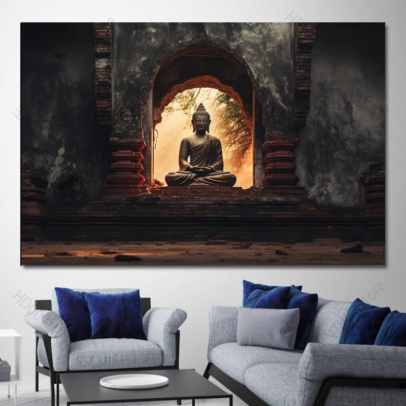 Buddha Statue Canvas Painting Buddah Statue and Candles Posters and Prints for Living Room Religious Wall Decor Unframe