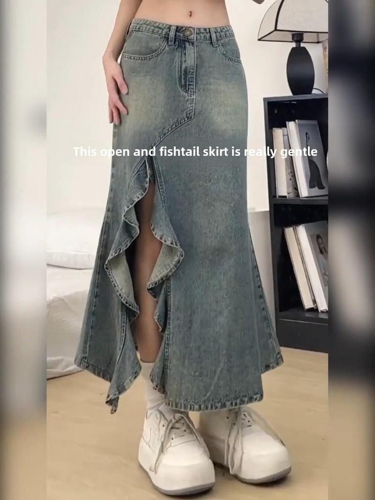 Женская джинсовая юбка-рыбий хвост в стиле ретро с высокой талией — большая, А-силуэт, летняя 