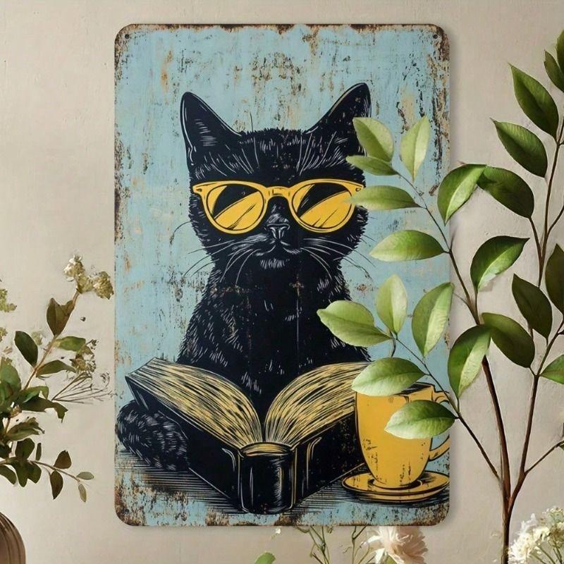 Винтажная кошка в очках Книга Металлический плакат Настенное искусство для дома Кафе Бара Гаража