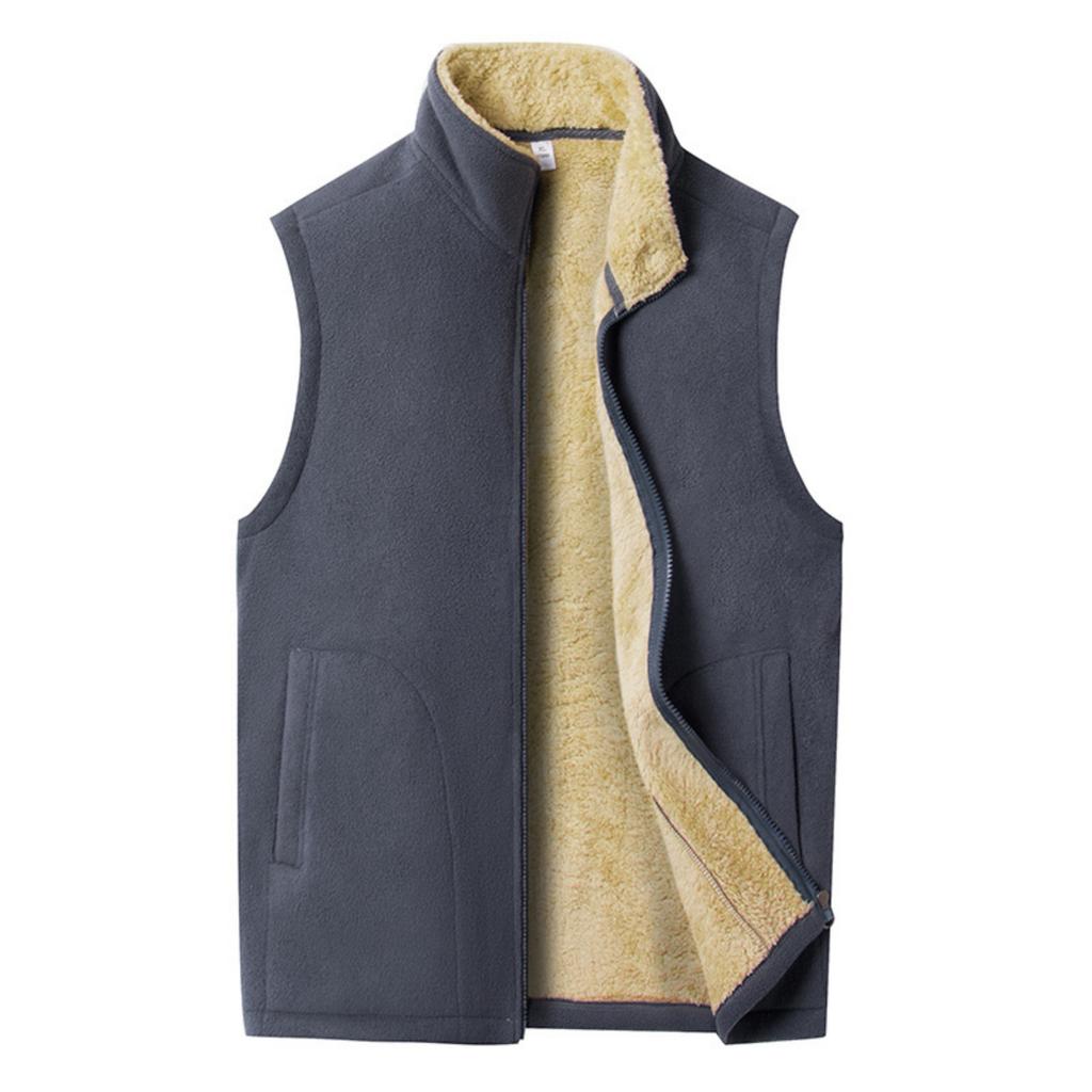 Men's Casual Solid Color Double-sided Fleece Zipper Vest, Men's Stand-up Collar Fleece Vest