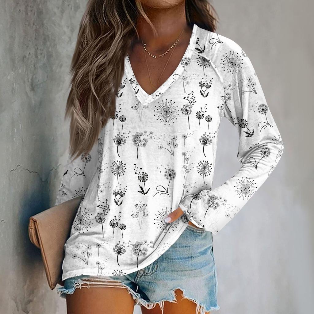 Женская модная свободная футболка с V-образным вырезом и длинным рукавом с винтажным цветочным принтом, повседневный топ