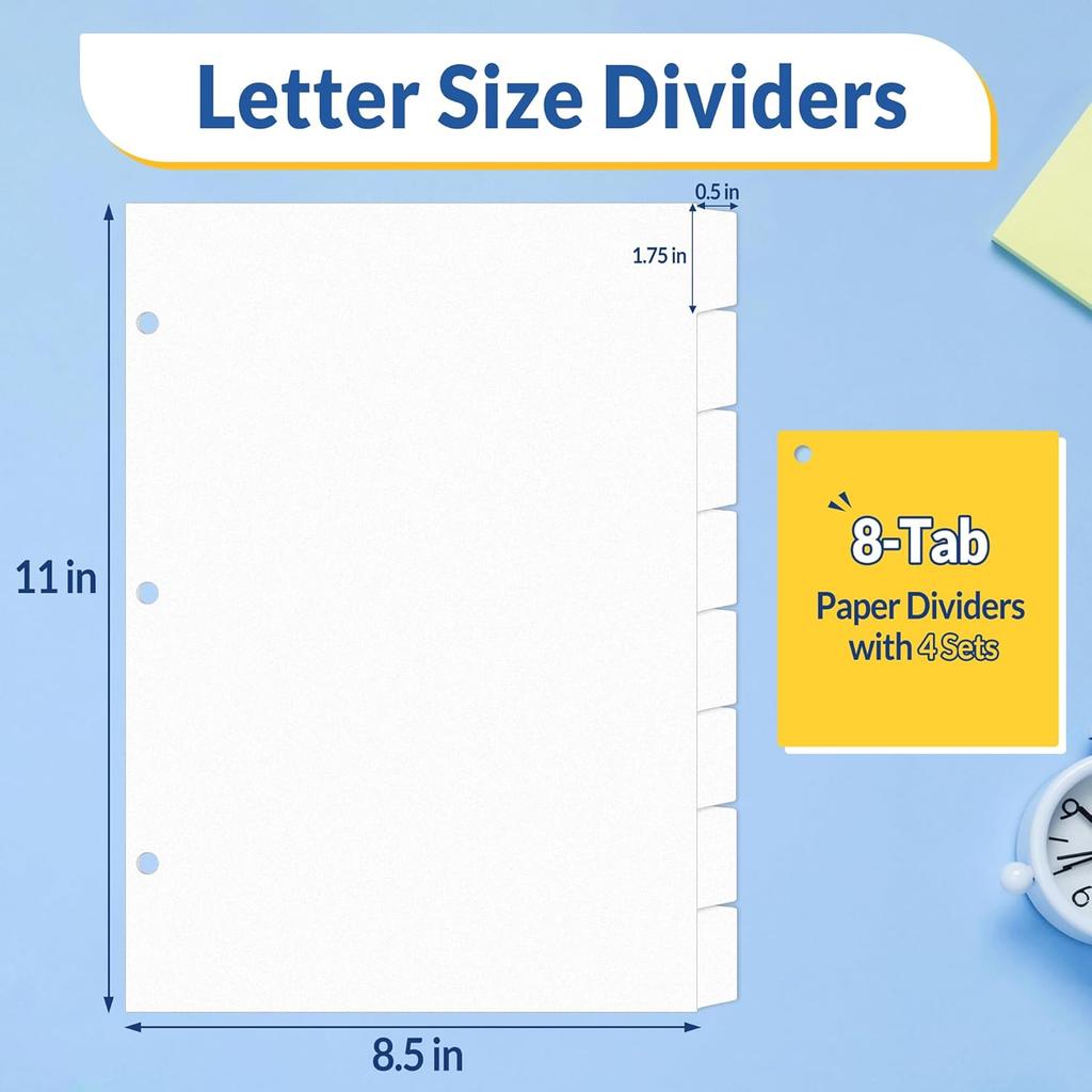SUNEE Binder Dividers with Tabs for 3 Ring Binder, 8.5 x 11 Paper White Binder Dividers Blank with 8 Tabs, 4 Sets Page Dividers for School, Office