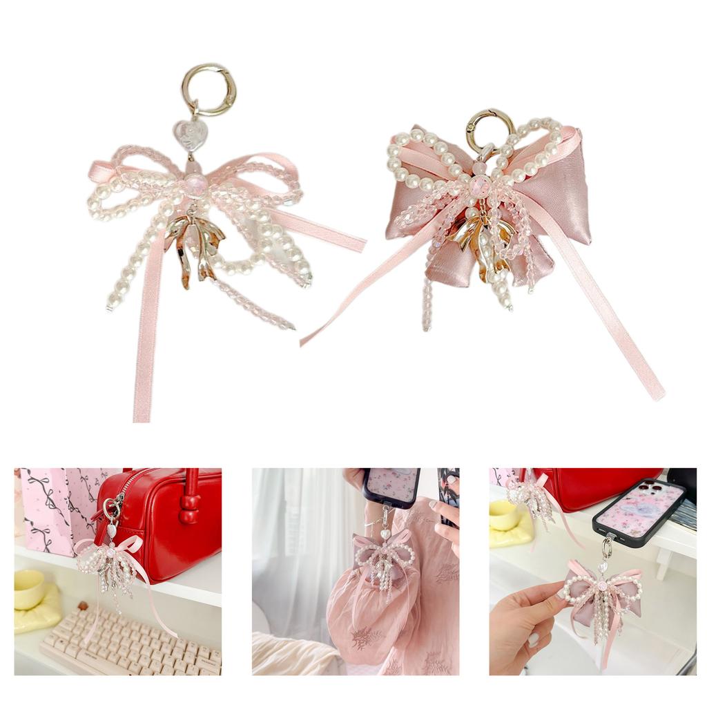 Elegant White Bowknot Keychain With Pearls Accent Sweet Charm Backpack Rings Handmade Jewelry Bag Pendant Gift for Women