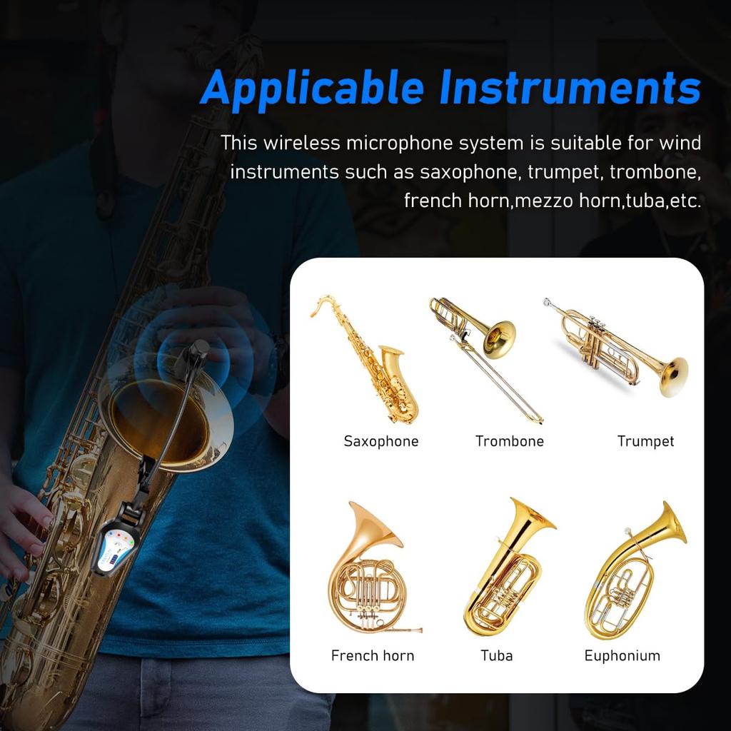 KIMAFUN 2.4G Wireless Saxophone Microphone Clip-On Instrument Microphone Noise Reduction 30M Transmission 8H Continuous Use Brass Instruments