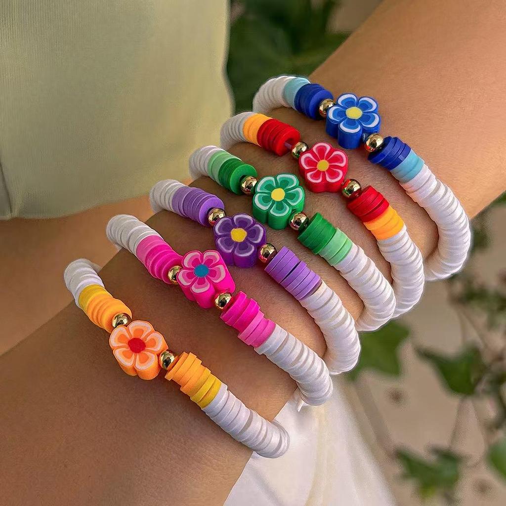 Богемный разноцветный цветочный набор эластичных браслетов из полимерной глины